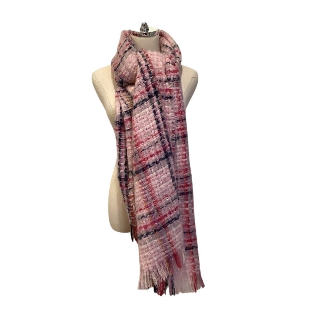 Women's Plaid Fringe Scarf Soft Warm Fluffy Pink Blue Plaid 26 x 84